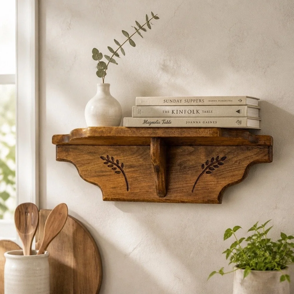 Wall Shelf Brown Wood Wheat Carved Rustic Decor Vintage Farmhouse 16x6 Natural